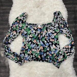 H&M FLORAL SMOCKED PUFF LONG SLEEVE CROP BOHO WHIMSIGOTH GRUNGE